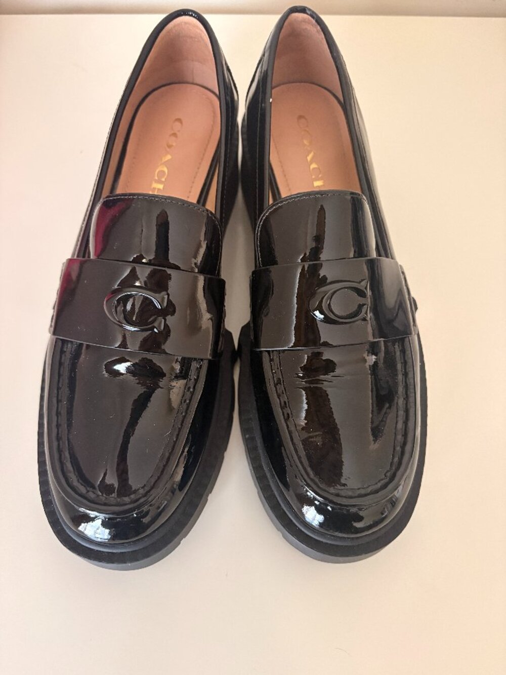 Coach Leah Loafer Black Patent Leather Lug Sole Shoes Size 8.5B